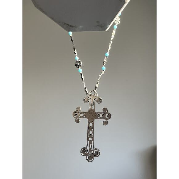 Necklace Filagree Roman Cross with Blue Acrylic Stones Silver Tone Long 32” - Picture 5 of 7